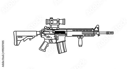 Assault Rifle with Scope and Foregrip - Line Art Illustration