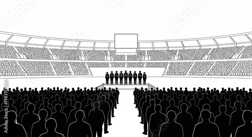 Audience watching performance on stage in stadium, crowd silhouette, event concept
