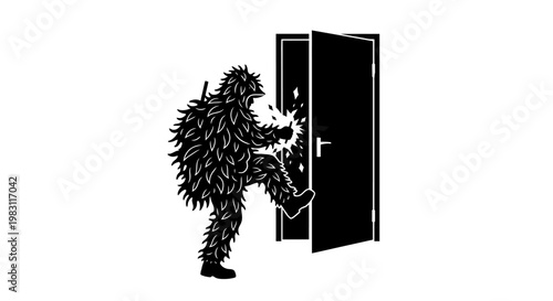 Black Silhouette of a Ghillie Suit Soldier Kicking Open a Door with Explosive Force