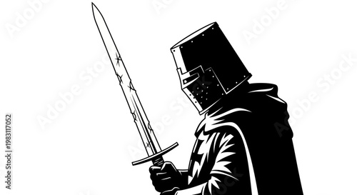 Black And White Silhouette of a Knight in Armor Holding a Sword