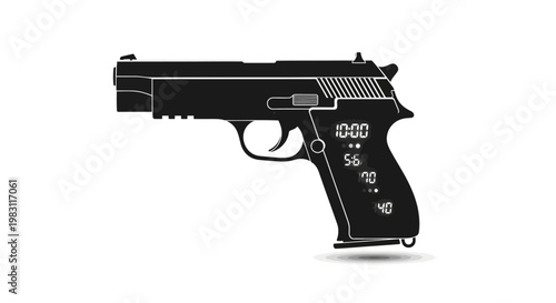 Black Handgun with Digital Display on Grip, Futuristic Weapon Concept