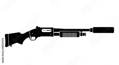 Black silhouette of a tactical shotgun with a suppressor, isolated on white background.