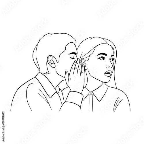 Whispering, gossip, secret sharing, line art illustration, man and woman