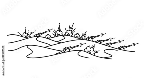 Desert Warfare Scene: Artillery Barrage and Explosions on Rolling Hills