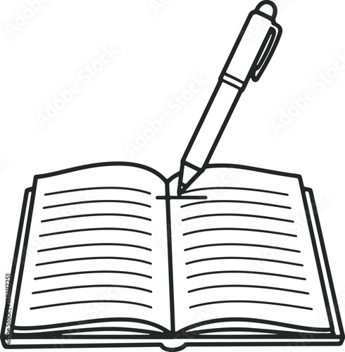 An open book with a pen resting on its pages, ready for writing or reading.