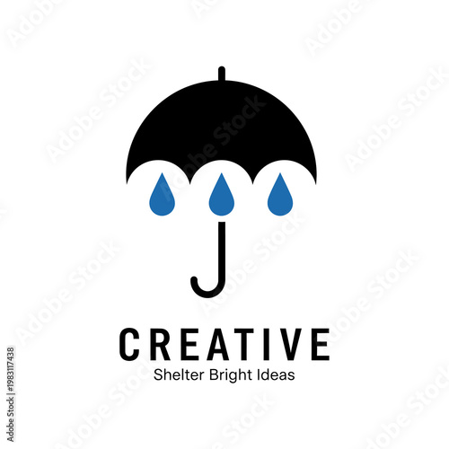 Black umbrella with blue raindrops logo.
