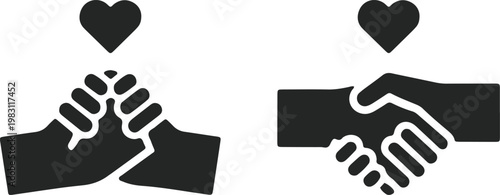 Symbolic gestures of friendship and agreement through hand interactions with hearts above.