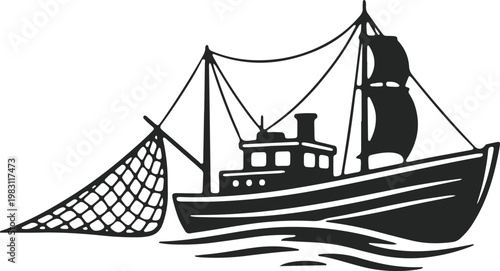 Classic sailing boat with nets on calm waters