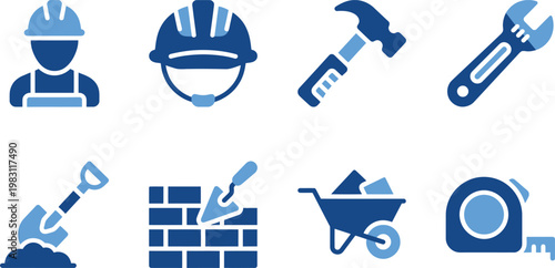 Construction icons set with tools and equipment for building and repair work online