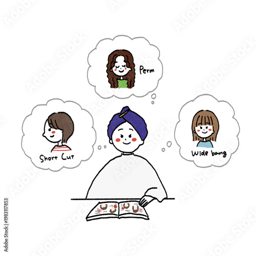 美容室でオーダーをどうしようか悩んでいる女性のイラスト