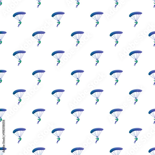 Skydivers with colorful parachutes creating a seamless pattern on white background