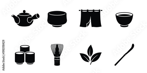 Japanese tea ceremony icon set, traditional matcha preparation tools vector, 8 black minimalist icons for zen tea house branding and menu design