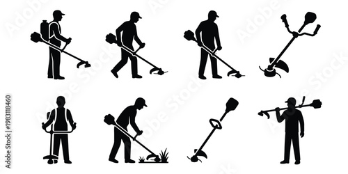 Lawn trimmer silhouette icons set, professional gardener using string trimmer vector, landscaping worker with grass cutter equipment collection
