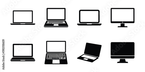 Minimalist computer icons set, black laptop and desktop monitor vector silhouettes, digital device hardware collection for web design