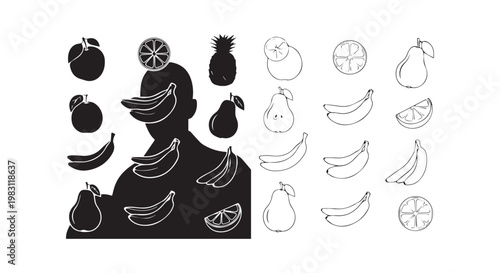 Collection of fruit silhouettes and outlines featuring banana pear orange pineapple and human head profile for food designs.