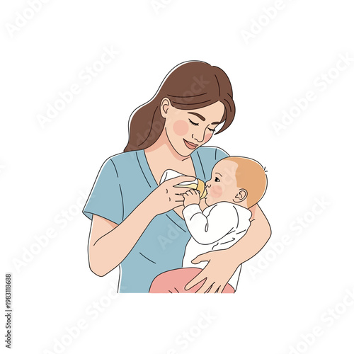 Woman feeding baby with bottle smiling mother holding infant