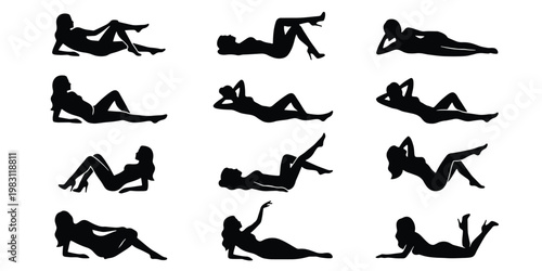 Lying woman silhouette collection, set of 12 female figures in reclining poses, black vector silhouettes of girls relaxing and posing on floor
