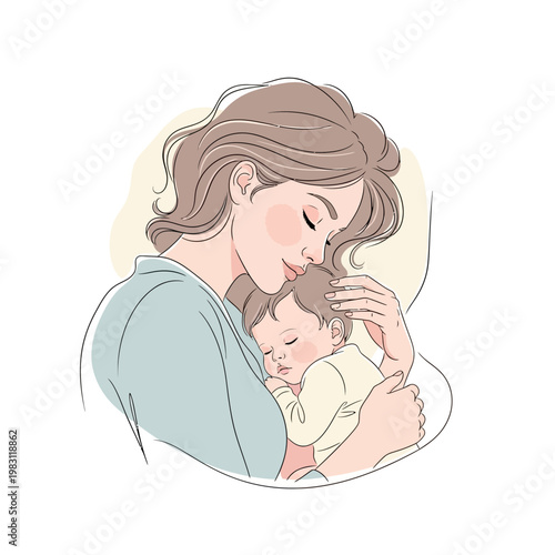 Mother holding sleeping baby in her arms love and care