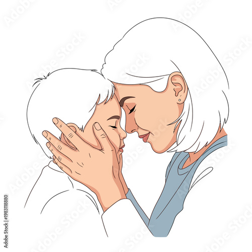 Tender moment between a senior woman and a young boy touching faces