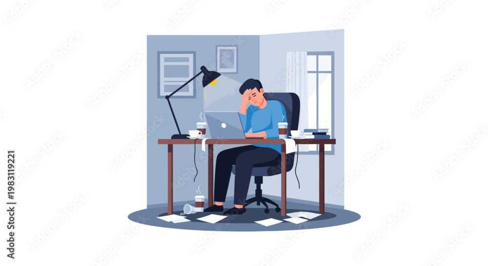 Fototapeta premium Man sitting at desk with laptop. Office worker illustration. Businessman at computer. Modern workspace scene. Vector graphic. White background.
