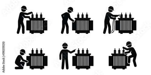 Electrician working on power transformer icons, electrical engineer maintenance pictograms, industrial power supply repair vector set