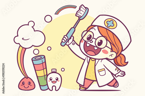 Cartoon Dentist Tooth Dental Care Health Character Funny Vector Illustration Isolated Colorful Set
