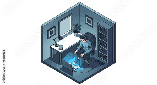 Isometric office workspace. Man sitting at desk. Computer and chair. Cubicle with window and bookshelf. Vector illustration on white background.