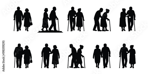 Elderly couple silhouettes walking with canes, senior citizens set of 10 vector icons, aging people and geriatric care concept illustrations