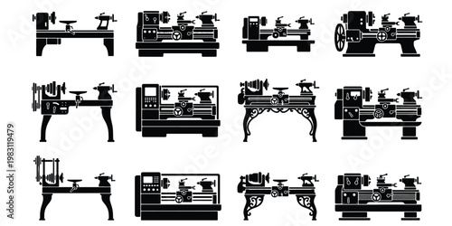 Industrial lathe machine icons set, metalworking and woodworking machinery silhouettes, 12 vector equipment illustrations for manufacturing and engineering