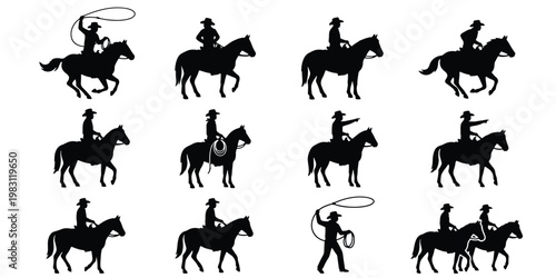 Cowboy silhouette vector set, western horse rider silhouettes with lasso, equestrian ranch life icons, black stallion and rider collection