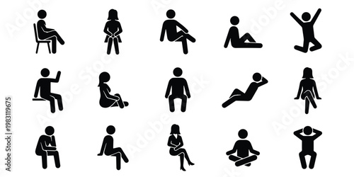 Stick figure people sitting icons, set of 15 black human silhouettes in various poses, minimalist man and woman sitting and relaxing vector elements