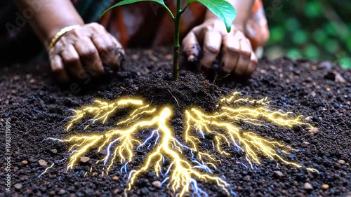 Woman's hands planting a young tree in fertile soil with glowing roots.