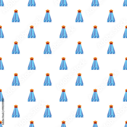 Repeat pattern featuring many blue water slides with orange tops on a white background