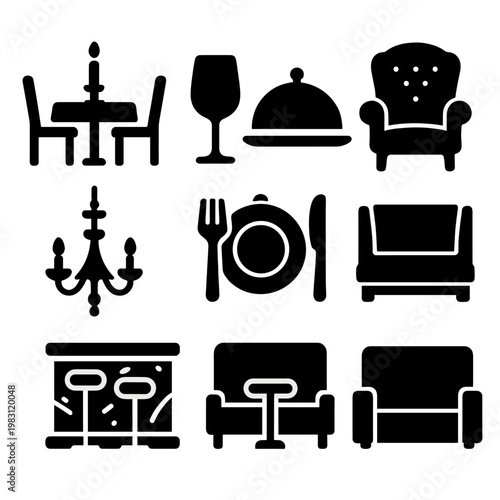 Elegant dining and lounge icons set featuring chairs, table, and culinary symbols