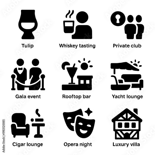Elegant icons depicting leisure and entertainment in luxurious settings