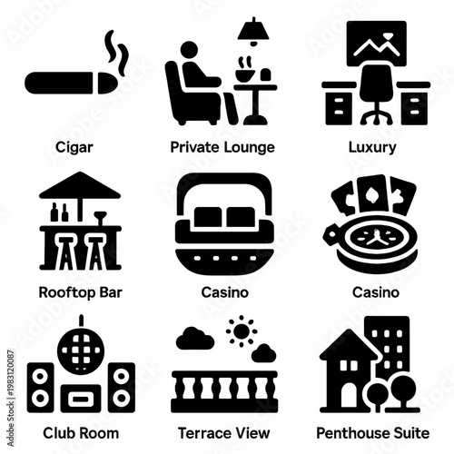 Luxury amenities: rooftop bar, casino, private lounge, and penthouse suite