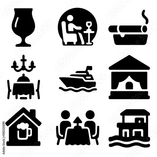 Leisure and relaxation icons set featuring dining, boating, and smoking elements