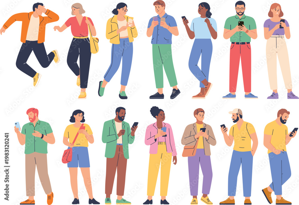 Obraz premium People using smartphones set, modern communication lifestyle characters, diverse users vector illustration collection design