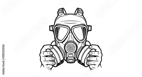 Gas Mask Protection, Hands Holding Respirator, Black and White Line Art