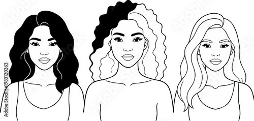 Three Diverse Women Portrait vector Illustration in black line Representing Beauty, Confidence and Female Solidarity
