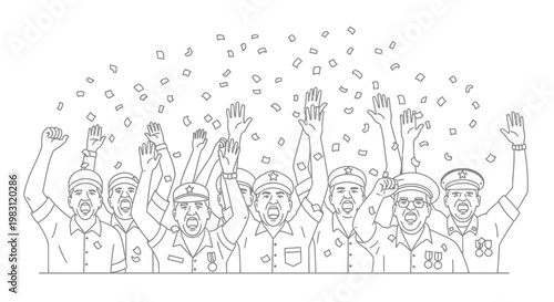 Group of cheering men in uniforms with confetti falling, celebrating victory or success