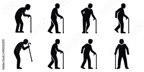 Elderly man silhouette icons set, senior male figures with walking sticks, 8 vector silhouettes of aging men with canes for healthcare design