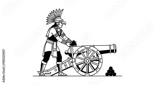 Indigenous Warrior with Cannon and Cannonballs, Historical Warfare Illustration