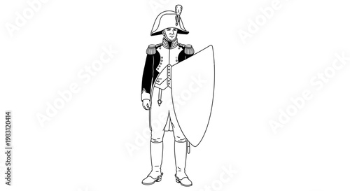 Historical Soldier with Shield, Napoleonic Era Military Uniform, Vintage Illustration