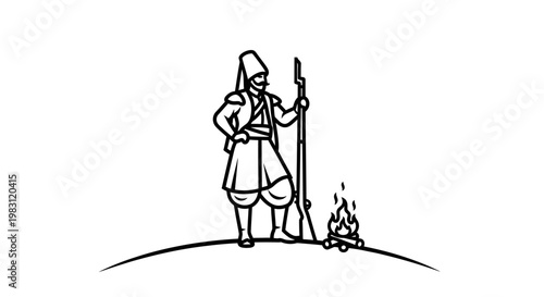 Historical soldier with rifle and campfire illustration