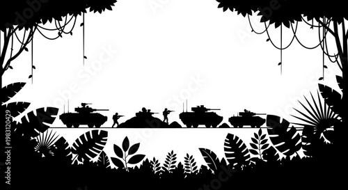 Jungle Warfare Silhouette: Tanks, Soldiers, and Tropical Foliage