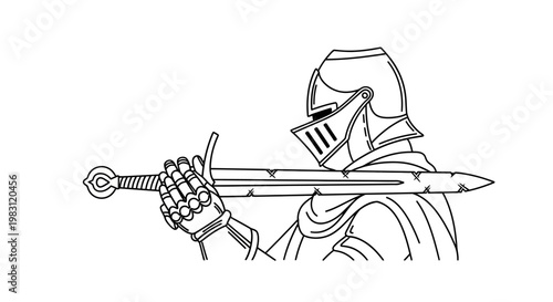 Knight in Armor Holding Sword, Medieval Warrior Illustration, Historical Combatant