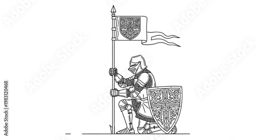 Knight in Armor Holding Flag and Shield, Medieval Warrior Kneeling with Heraldry