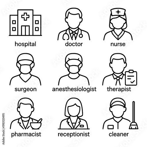 Healthcare professional icons including doctor, nurse, and pharmacist