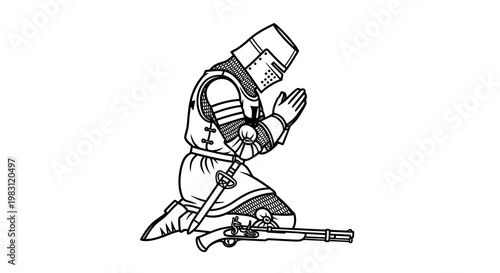 Knight Kneeling in Prayer with Sword and Musket, Medieval Warrior Devotion